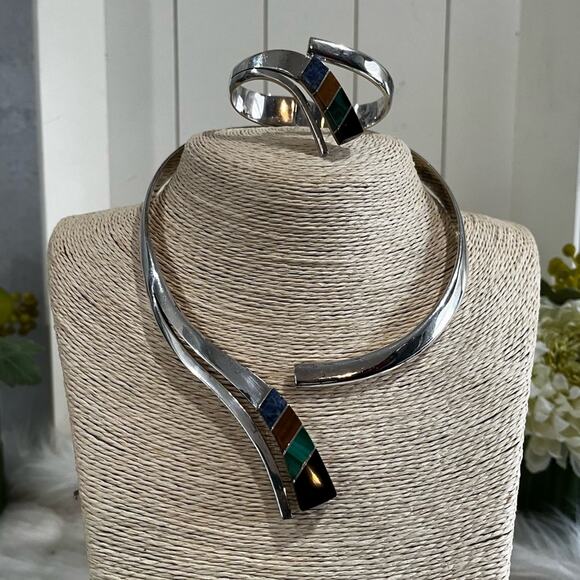 NEW TAXCO Mexico Vintage 925 Sterling Multi Stone Inlay Collar Necklace Bracelet - Picture 2 of 14